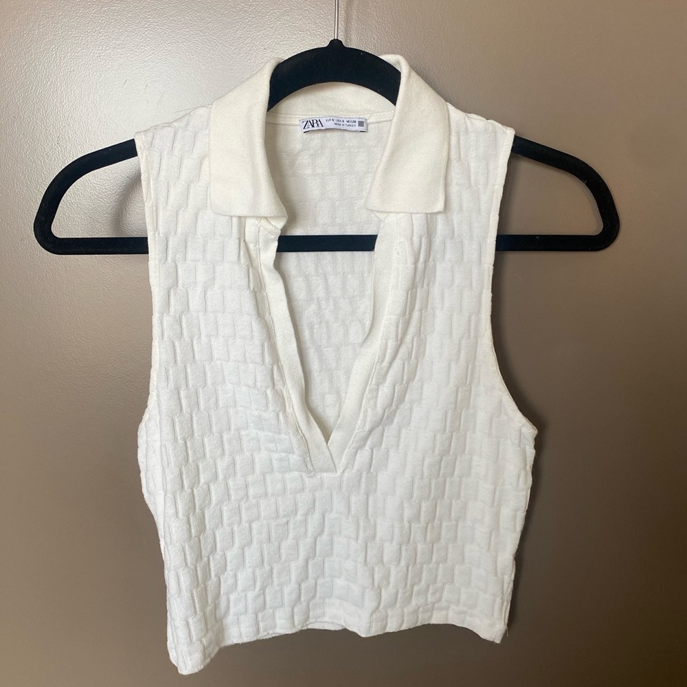 Zara Jacquard Knit Polo Collar V Neck Cropped Tank, Small